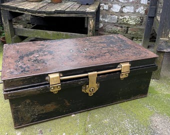 Large Vintage Black Metal Storage Box With Patented Brass Clasp