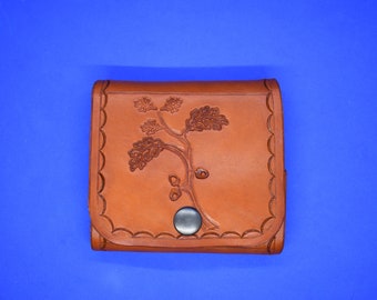 Rifle Cartridge Case, Holds 5  -3 1/2" Tall Cartridges, Oak Branch Design, Handmade Leather Pouch