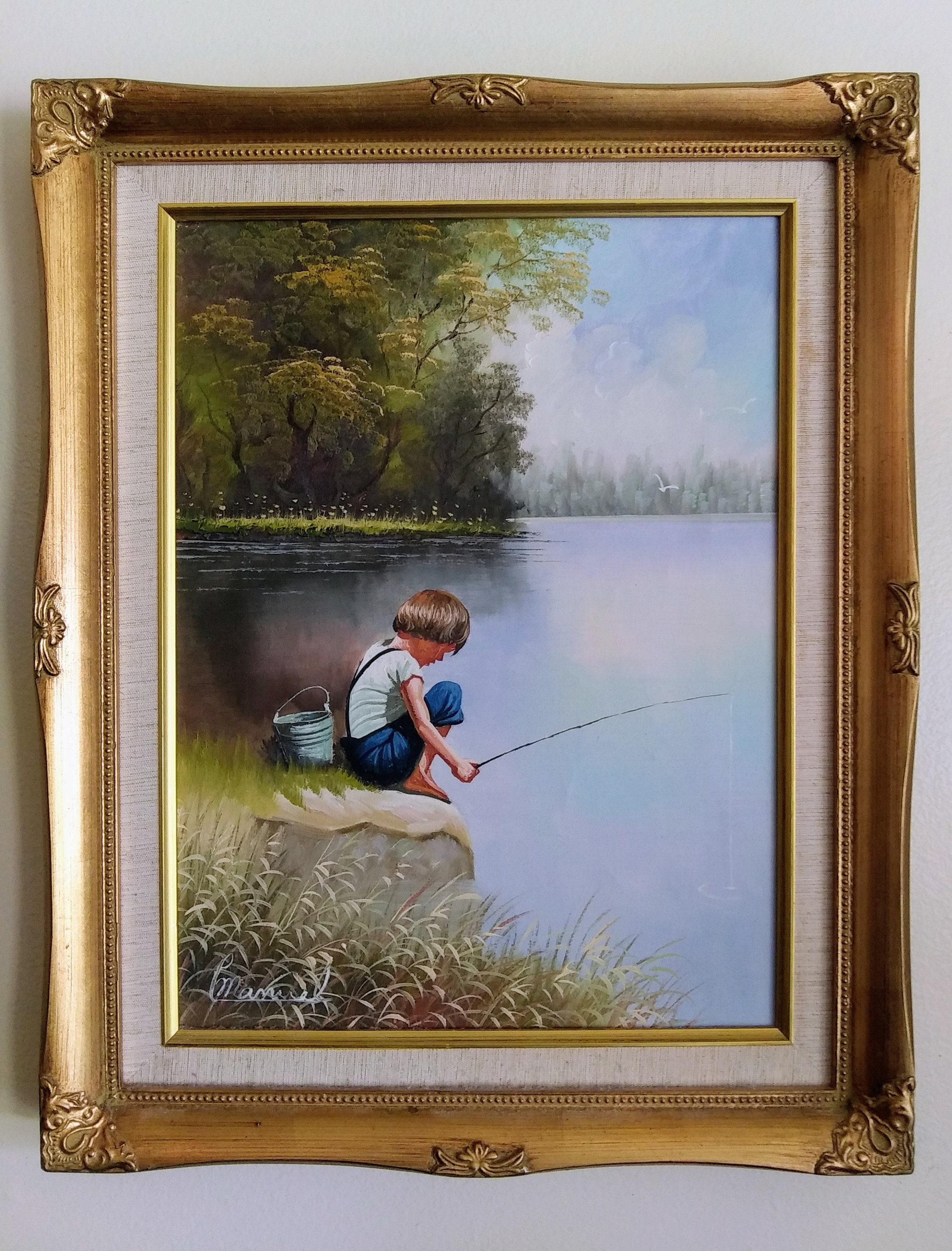 Final Markdown! Boy Fishing by C Manuel Vintage Painting on Canvas