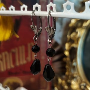 Puede incluir: Un par de pendientes de plata con cristales negros en forma de lágrima. Los pendientes tienen un diseño sencillo y son perfectos para el uso diario.