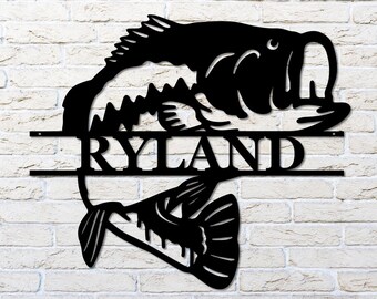 Bass Fish Monogram Metal Sign: Personalized Fishing Camp Decor
