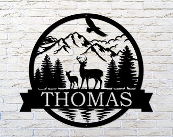 Personalized Deer Metal Sign: Mountain Scene Wall Art