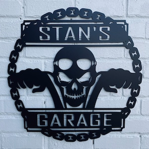 Motorcycle Skull Metal Sign, Personalized Garage Sign, Motorcycle Handlebar Sign, Garage Decor, Gift for Dad Husband, Custom Motorcycle Sign