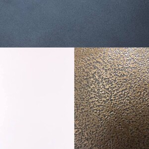 May include: Three colour swatches showing different paint finishes. The top swatch is a dark grey colour labelled "Matte Black". The middle swatch is a bright white colour labelled "Soft White". The bottom swatch is a textured copper colour labelled "Weathered Copper".