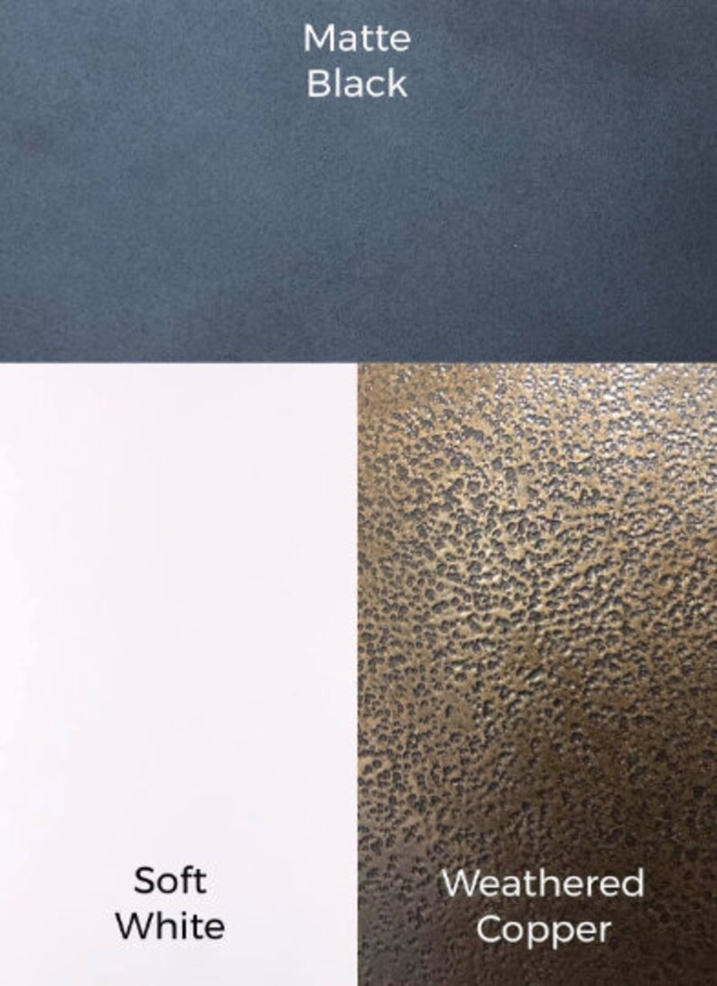 May include: Three colour swatches showing different paint finishes. The top swatch is a dark grey colour labelled "Matte Black". The middle swatch is a bright white colour labelled "Soft White". The bottom swatch is a textured copper colour labelled "Weathered Copper".