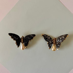 Vintage glitter butterfly clip gold tone brooch pin pearl