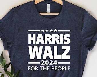 May include: A dark blue t-shirt with white text that reads "HARRIS WALZ 2024 FOR THE PEOPLE".