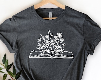 Wild Flower With Book Design T-shirt, Book Nerd, Flower  Design T-Shirt For Women, Women Shirt, Women T-Shirt, Tops and Tees, Christmas Gift