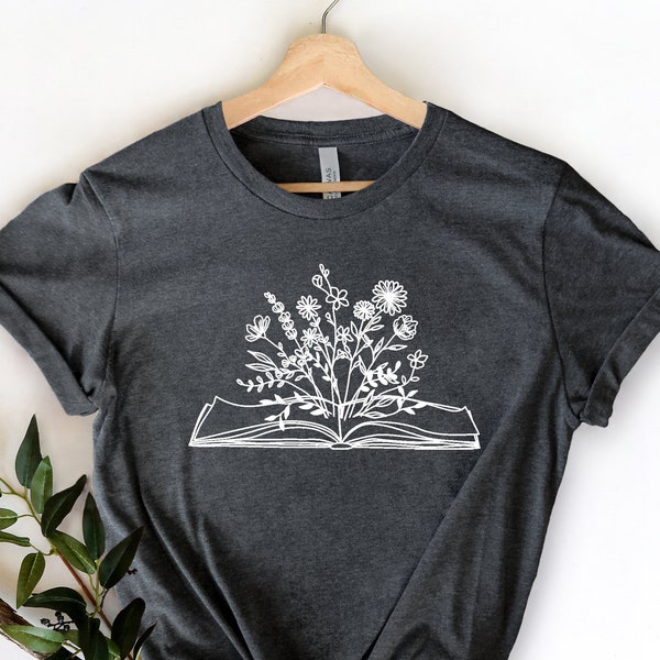 Wild Flower With Book Design T-shirt, Book Nerd, Flower  Design T-Shirt For Women, Women Shirt, Women T-Shirt, Tops and Tees, Christmas Gift