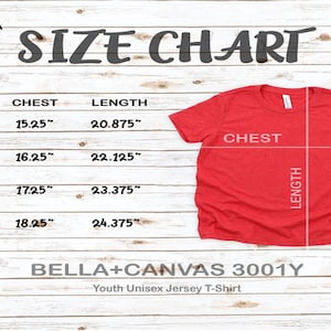 Op de afbeelding: Maattabel voor unisex jersey t-shirts voor kinderen van Bella + Canvas, model 3001Y. De tabel toont de maten S, M, L en XL met de bijbehorende borst- en lengtemaat in inches.