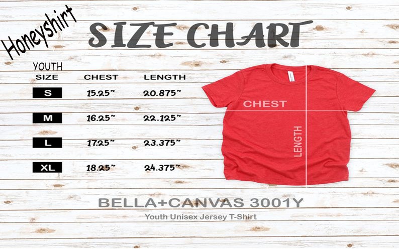 Op de afbeelding: Maattabel voor unisex jersey t-shirts voor kinderen van Bella + Canvas, model 3001Y. De tabel toont de maten S, M, L en XL met de bijbehorende borst- en lengtemaat in inches.