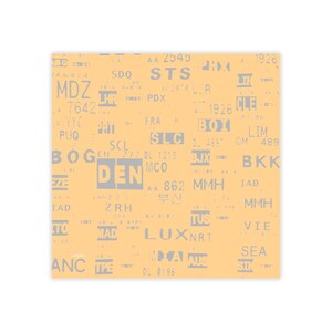 May include: A square, pale orange background is patterned with grey text and numbers, reminiscent of a map or a list of airport codes. The text includes airport codes such as DEN, BKK, and IAD, and numbers like 7642 and 1926.