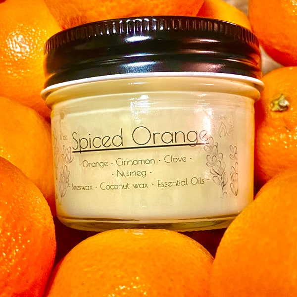 Spiced Orange 4 oz. Coconut Wax, Beeswax, Orange, Cinnamon, Nutmeg, and Clove Essential Oil Wooden Wick Candle