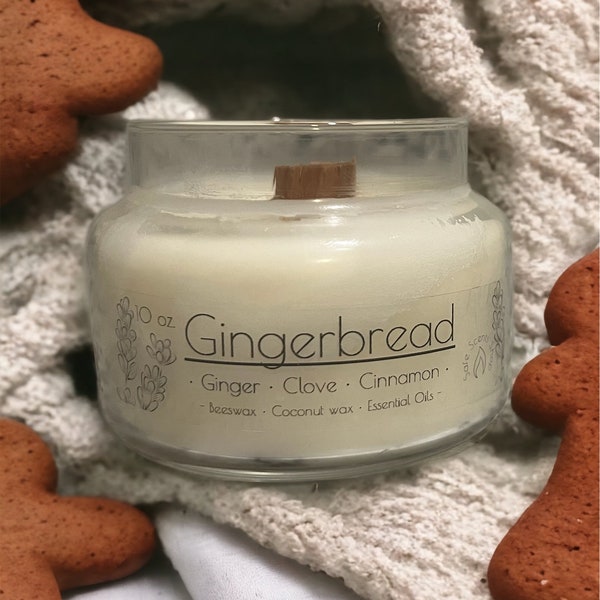 Gingerbread 10 oz. Coconut Wax, Beeswax, Ginger, Cinnamon, and Clove Essential Oils Wooden Wick Candle