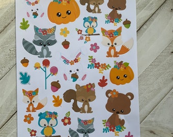 Fall Animal Sticker Sheet, Scrapbook Stickers, Bullet Journal Stickers, Planner Stickers, Fall Sticker, pumpkin, bunny, fox, bear, racoon