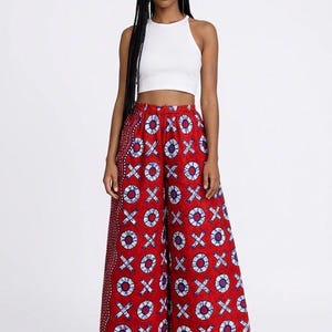 Red Ankara Wide Leg Pants: High Waist African Print Cotton Trousers