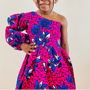 One shoulder AFRICAN kids gown, puff sleeve, authentic African material, children’s wear
