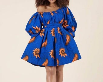 African Print Dress, Ankara Dress for Women, Off Shoulder Ankara Mini Dress, Puff Sleeve African Dress, African Party Dress, Wedding Guest