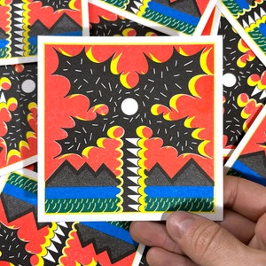 Mini tarjeta de risografía de palmeras, planta minimalista, paisaje tropical con cielo rojo, impresión cuadrada de 10x10cm, conjunto de carteles de riso