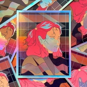 Holografische stickers van een vrouw in de zon, retro-effect, regenboogreflectie, groot formaat Manga-sticker - PORTRET 2