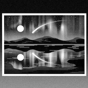 Impression risographie d'une étoile filante - aurores boréales