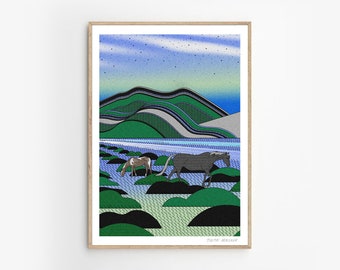 Impression d'art de paysage du désert de Patagonie, illustration de cheval en pleine nature - Vent sur la Crête