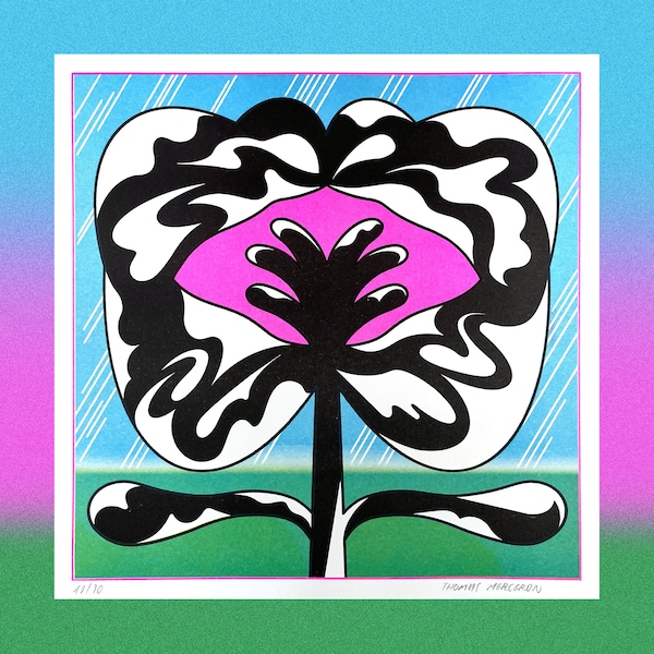 Risographie A3 de fleur, mauvais oeil, affiche graphique minimaliste, paysage tropicale sous la pluie, poster de champignon exotique