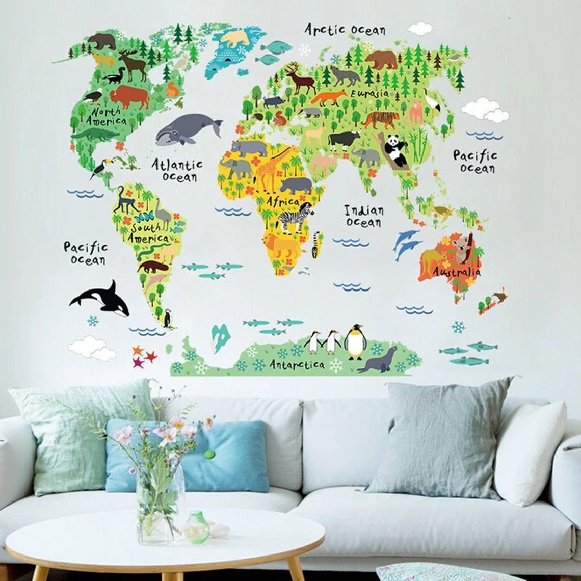 Children's World Map Wall Sticker Mural Educational World Etsy