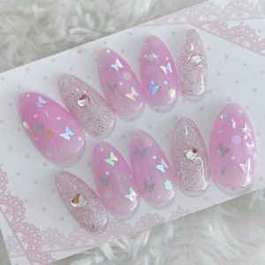 Set of 10pcs hand painted press on nails/pink/butterfly/Almond/Coffin/long ballerina/Japanese nail