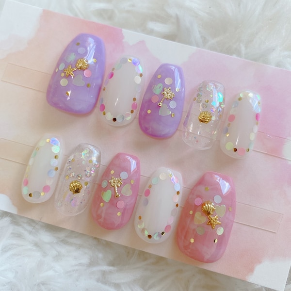 Set of 10pcs hand painted press on nails/Japanese nail/kawaii/summer