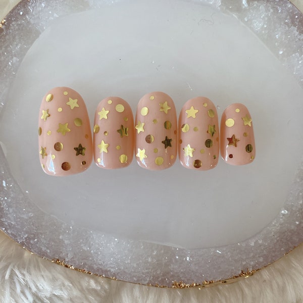 Set of 10pcs hand painted press on nails/beige/gold holographic star