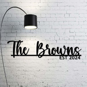 May include: Black metal sign with the text "The Browns EST 2024" on a white brick wall.