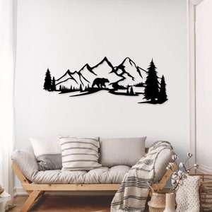 Bear Mountains Wall Art | Wildlife Bear Scene on Metal Mountain Wall Art with trees | Ensix Metal Design | Ski Lift | Skiing | Snowboarding