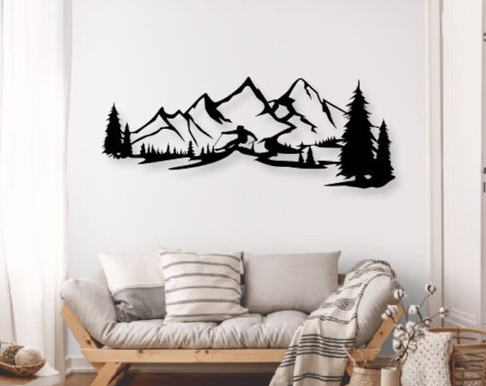 Skiing Mountain Art | Ski Resort Scene on Metal Mountain Range Wall Art with trees | Ensix Metal Design | Ski Lift | Skiing | Snowboarding
