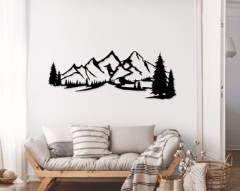Metal Mountain Range Wall Art: Ski Resort Scene with Trees