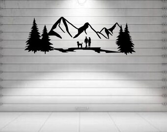 Family and Dog Hiking Metal Wall Art – Couple Walking Poodle Mountain Range Silhouette with Hiker & Dog Outdoor Nature Home Decor Adventure