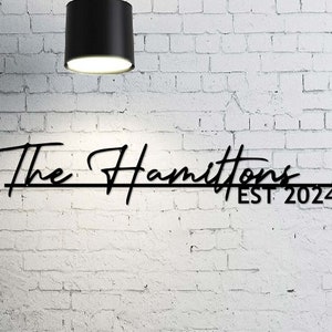 May include: Black metal sign with the text "The Hamiltons EST 2024" on a white brick wall.