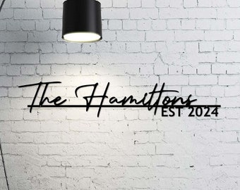 May include: Black metal sign with the text "The Hamiltons EST 2024" on a white brick wall.