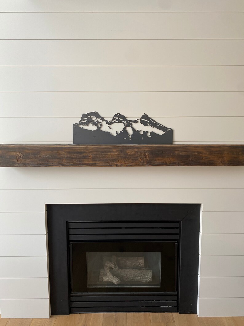 May include: A black metal mountain range silhouette wall decor above a fireplace with a black mantel and a black fireplace insert with a glass door and logs inside.