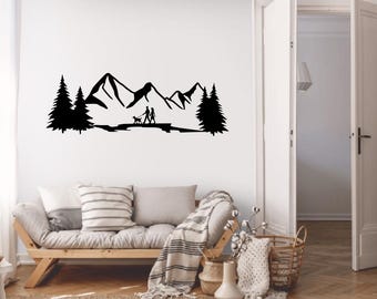 Family and Dog Hiking Metal Wall Art – Couple Walking Dog - Mountain Range Silhouette with Hiker & Dog Outdoor Nature Home Decor Adventure