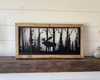Wood Framed Moose Metal Wall Art: Hunting Cabin Decor