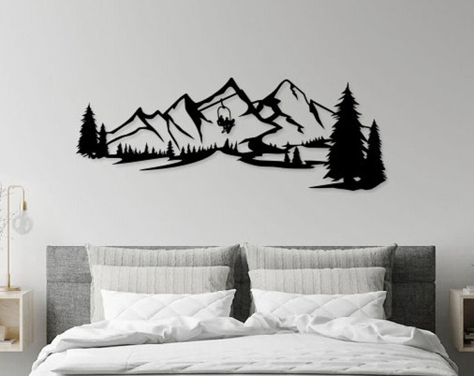 Ski & Snowboard Lift | Ski Resort Scene on Metal Mountain Range Wall Art with trees | Ensix Metal Design | Ski Lift | Skiing | Snowboarding