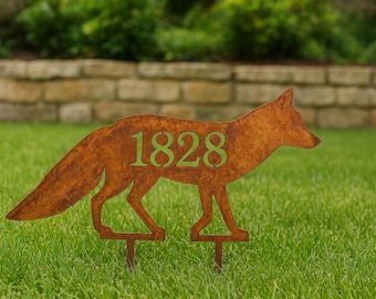 Rusty Corten Steel Fox House Number Garden Art - Metal Yard Decor - Address Sign - Home Address