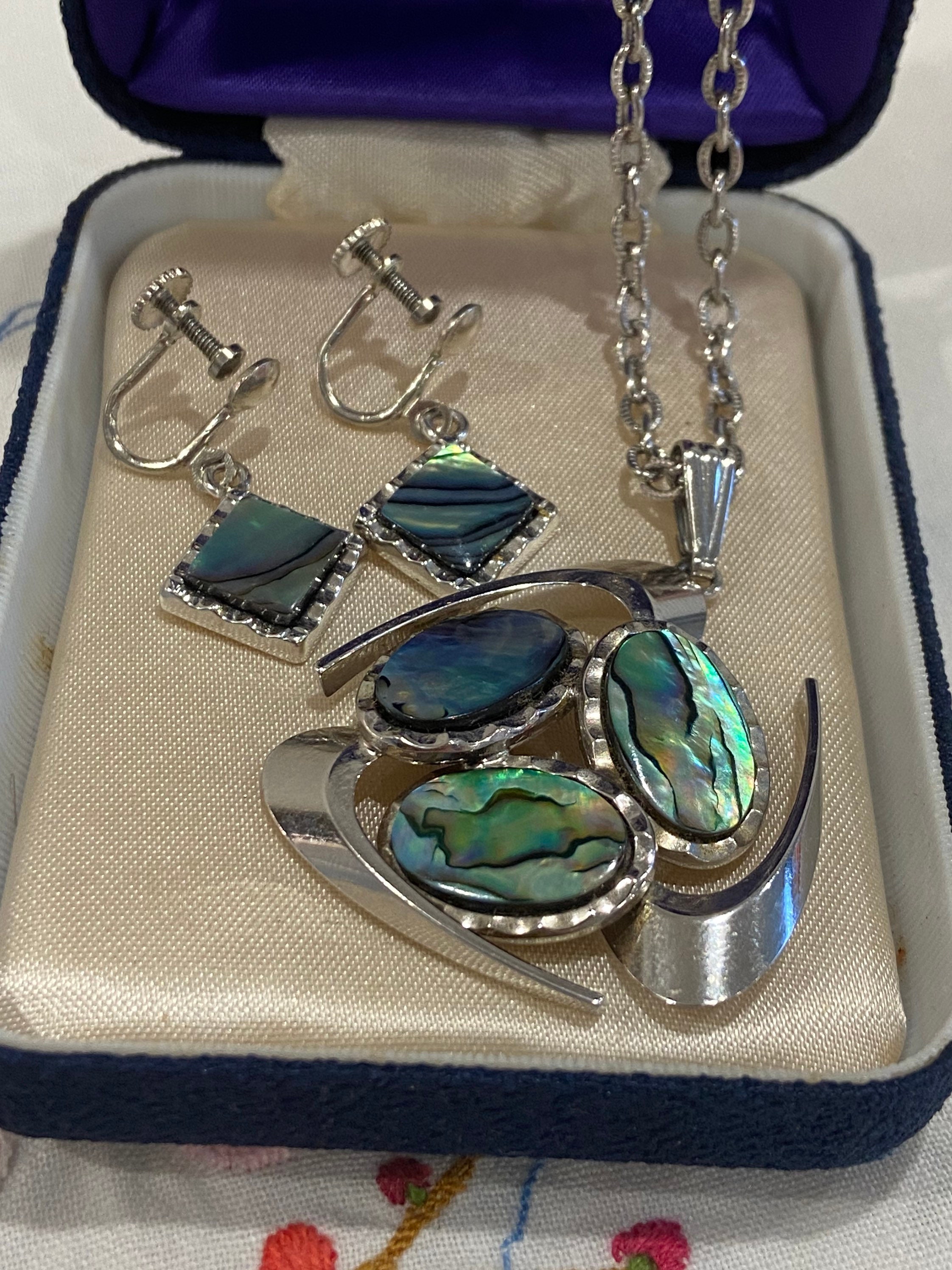 Ariki Paua Shell Earrings and Necklace Set Rhodium Plate NZ Etsy