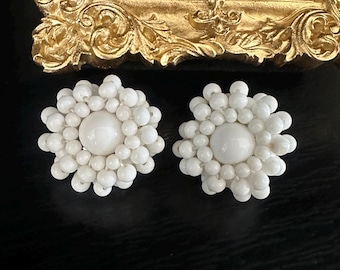 White Beaded Vintage Cluster Earrings | Clip On