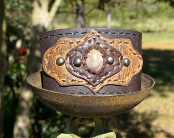 Handmade Bohemian Leather Cuff with Natural Jasper Stone and Rivets