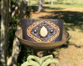 Handmade Bohemian Leather Cuff with Natural Jasper Stone and Rivets