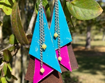 Distressed Geometric Leather Statement Earrings in Turquoise & Magenta