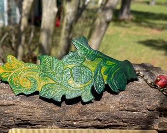 Handmade Tooled Ombré Green Leather Cuff Bracelet in a Vintage Floral Pattern