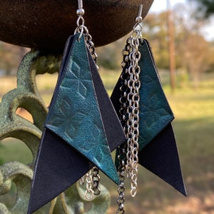 Handmade Tooled Leather Geometric Earrings in Dark Aqua Blue & Black